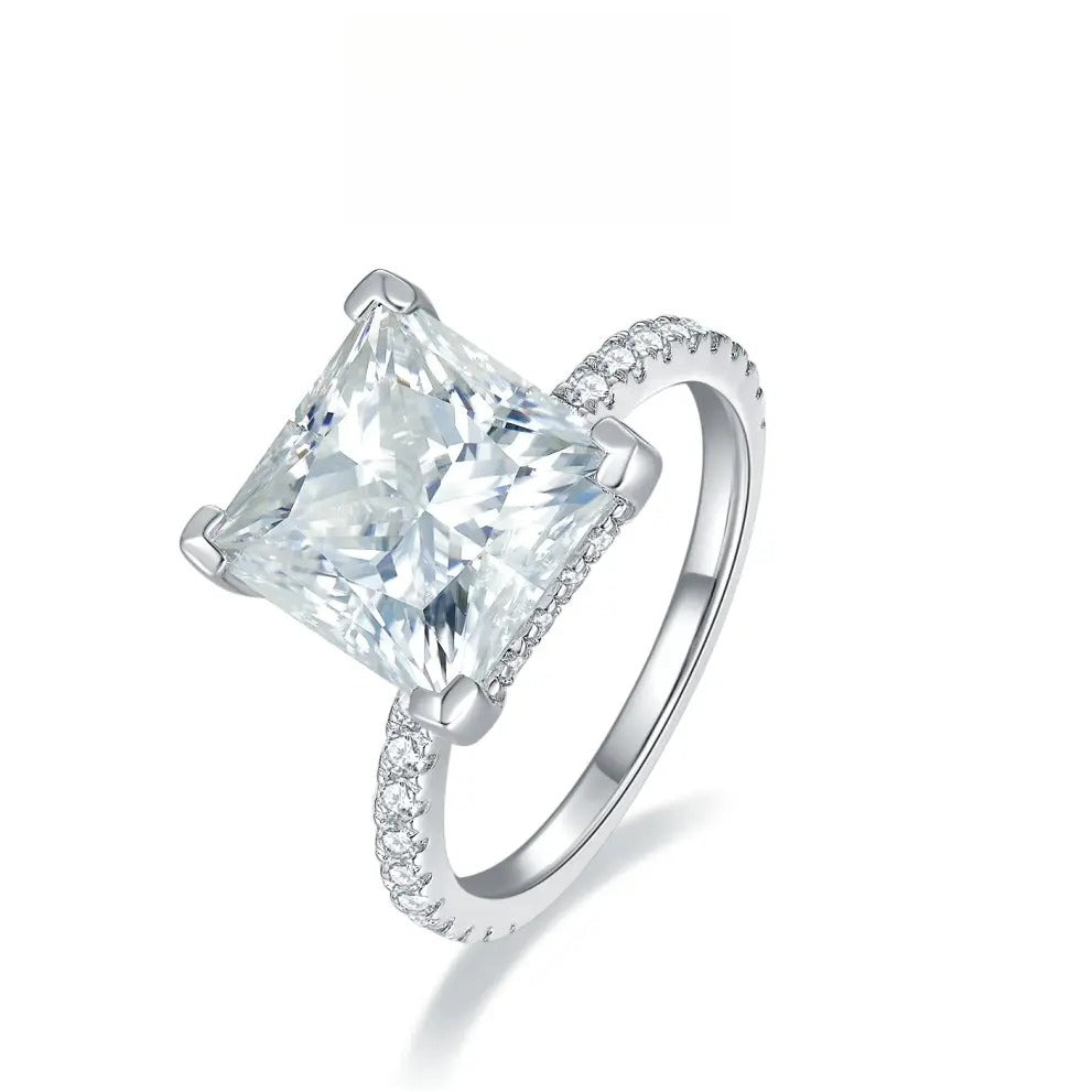 【#10 Elsa】High Quality Full Moissanite main stone and side stone rings 925 Sterling Silver Princess Cut  Anniversary Birthday Gift Daily Matching for Women Jewelry Synthetic Moissanite