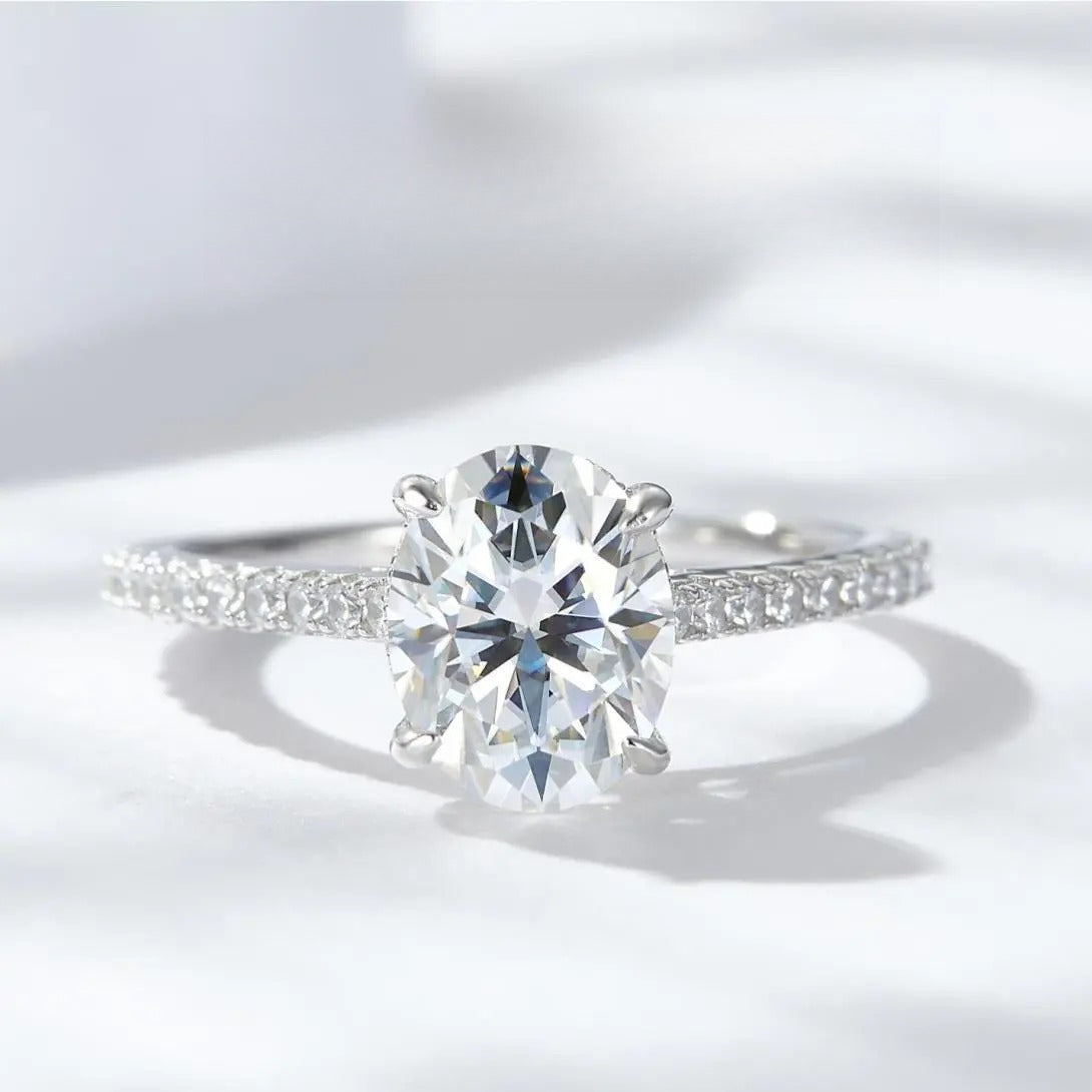 【#14 For you】Oval  Full Moissanite main stone and side stone rings  with 925 Sterling Silver Synthetic Moissanite Engagement Wedding Ring