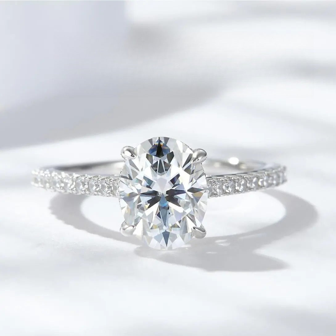 【#14 For you】Oval  Full Moissanite main stone and side stone rings  with 925 Sterling Silver Synthetic Moissanite Engagement Wedding Ring