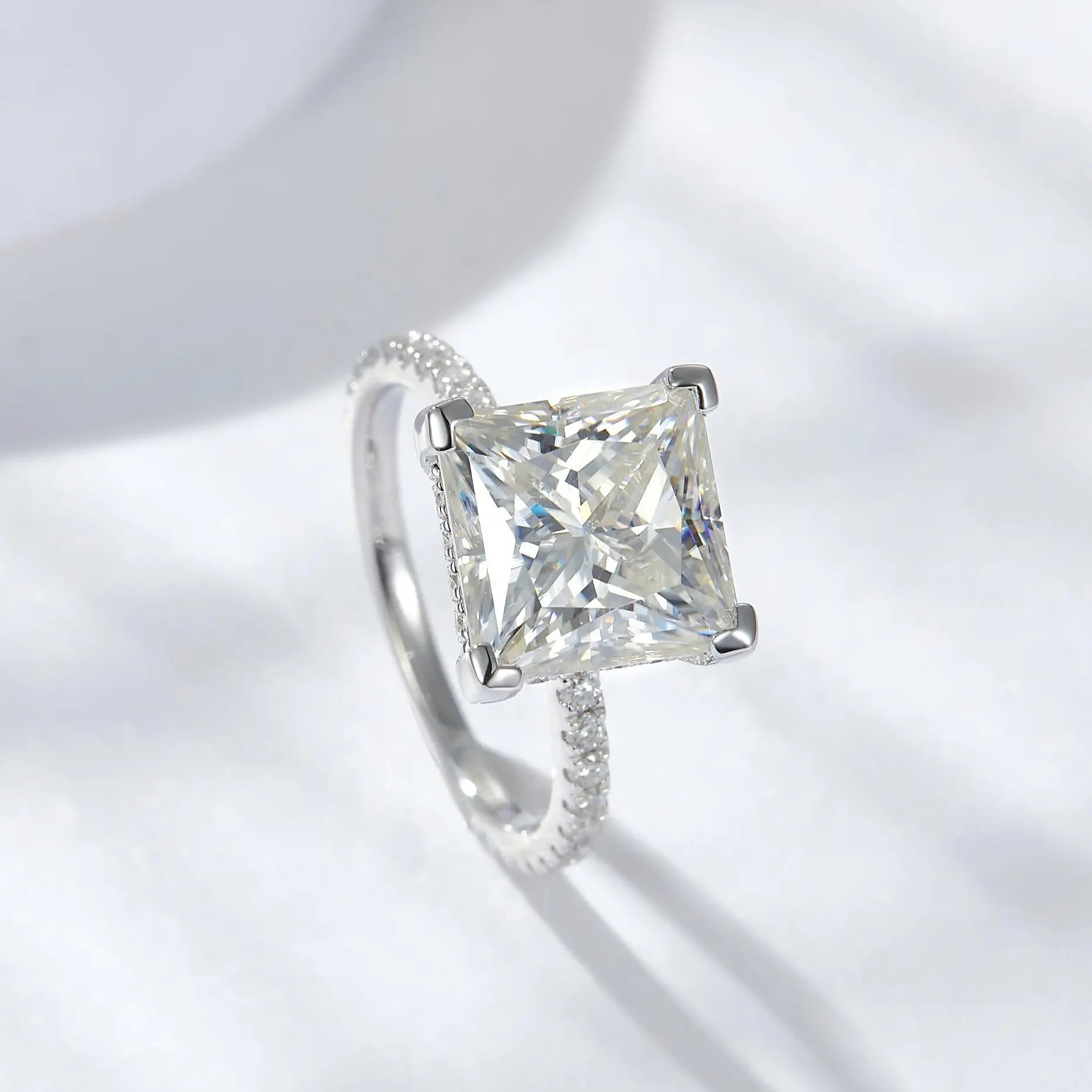 【#10 Elsa】High Quality Full Moissanite main stone and side stone rings 925 Sterling Silver Princess Cut  Anniversary Birthday Gift Daily Matching for Women Jewelry Synthetic Moissanite