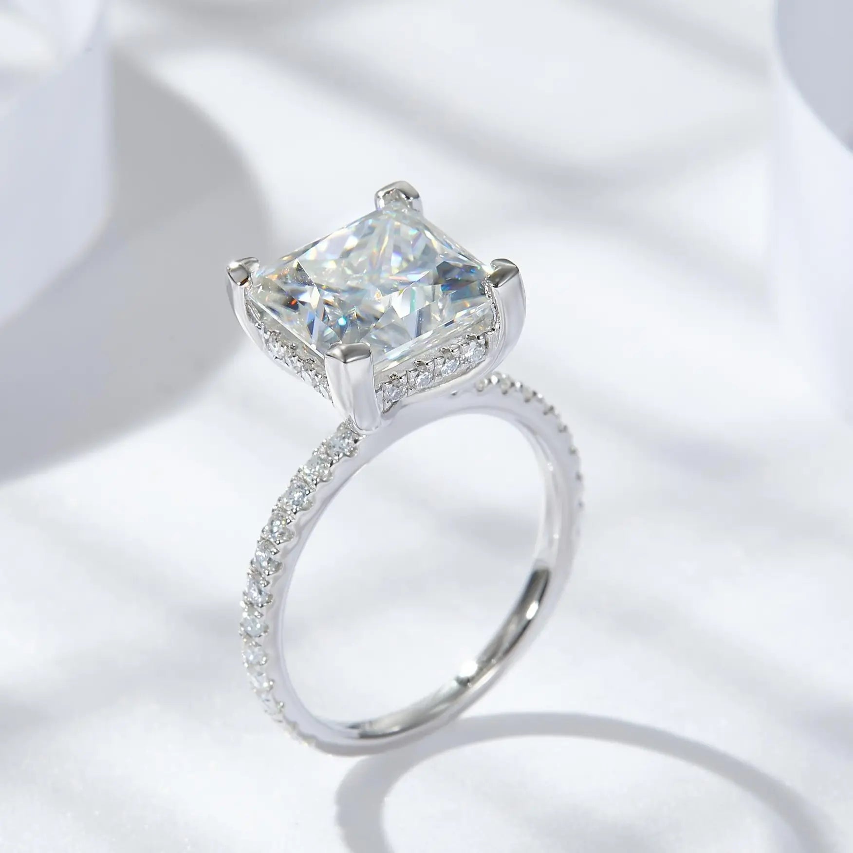 【#10 Elsa】High Quality Full Moissanite main stone and side stone rings 925 Sterling Silver Princess Cut  Anniversary Birthday Gift Daily Matching for Women Jewelry Synthetic Moissanite