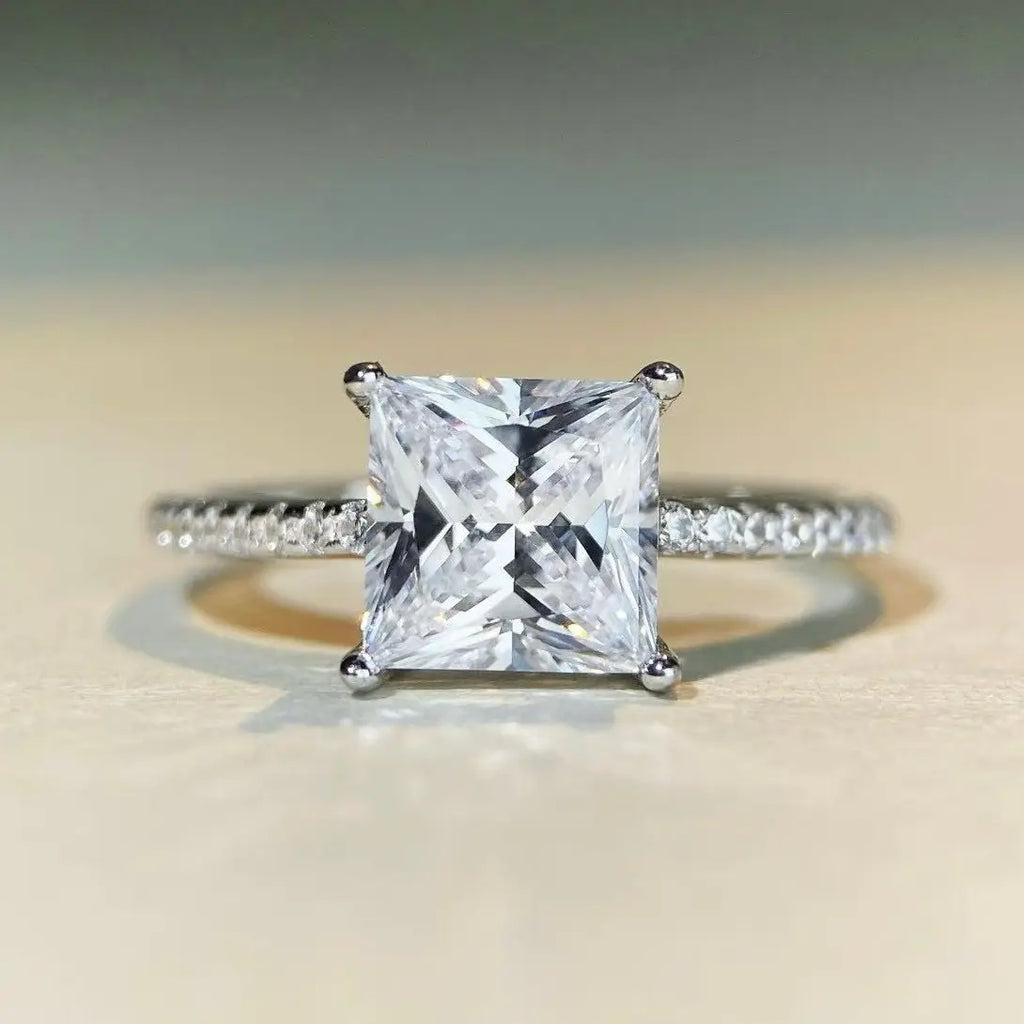 【#10 Elsa】High Quality Full Moissanite main stone and side stone rings 925 Sterling Silver Princess Cut  Anniversary Birthday Gift Daily Matching for Women Jewelry Synthetic Moissanite