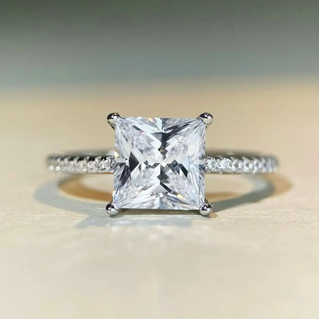【#10 Elsa】High Quality Full Moissanite main stone and side stone rings 925 Sterling Silver Princess Cut  Anniversary Birthday Gift Daily Matching for Women Jewelry Synthetic Moissanite