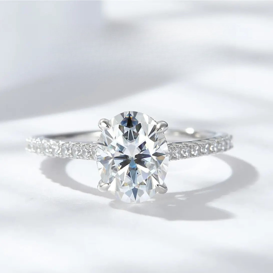 【#14 For you】Oval  Full Moissanite main stone and side stone rings  with 925 Sterling Silver Synthetic Moissanite Engagement Wedding Ring