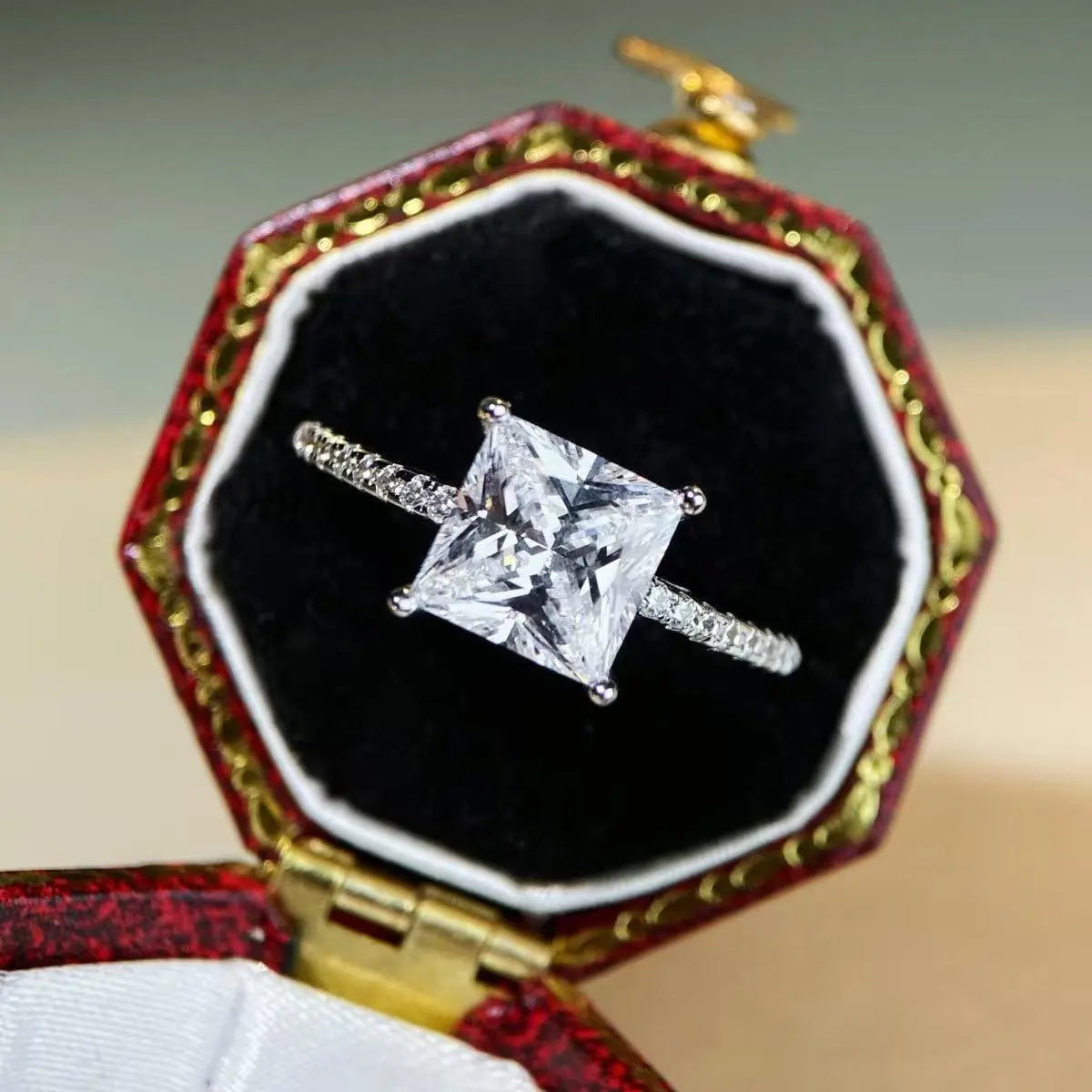 【#10 Elsa】High Quality Full Moissanite main stone and side stone rings 925 Sterling Silver Princess Cut  Anniversary Birthday Gift Daily Matching for Women Jewelry Synthetic Moissanite